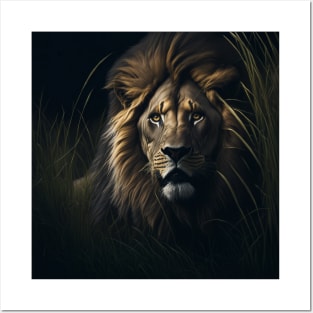 African Lion peering through the grass Posters and Art